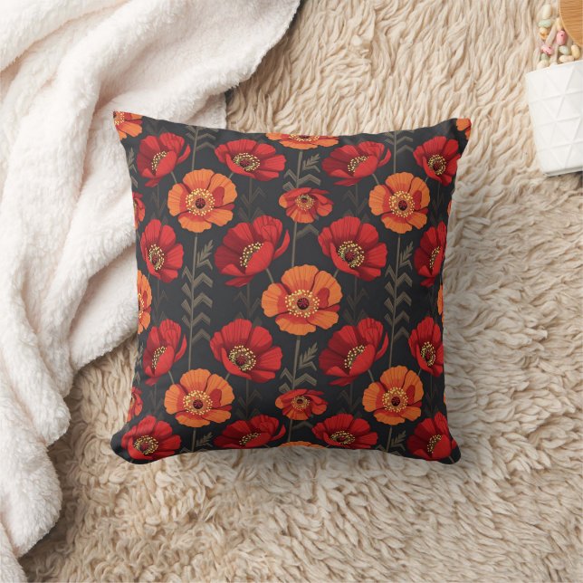 Bold Red and Orange Poppy Throw Pillow (Blanket)