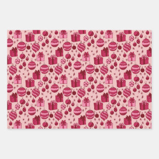 Bold Red and Pink Christmas Oranments and Gift Wrapping Paper Sheets