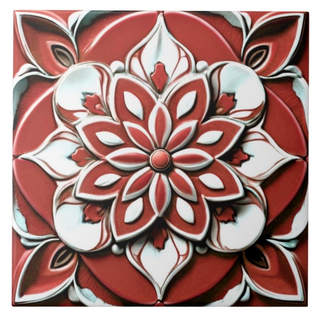 Bold Red and White Faux Relief Floral Flower Ceramic Tile (Front)
