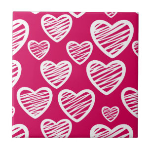 Bold Red and White Scribble Heart Pattern Ceramic Tile