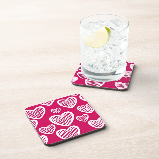 Bold Red and White Scribble Heart Pattern  Coaster (Right Side)