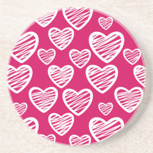Bold Red and White Scribble Heart Pattern Drink Coaster