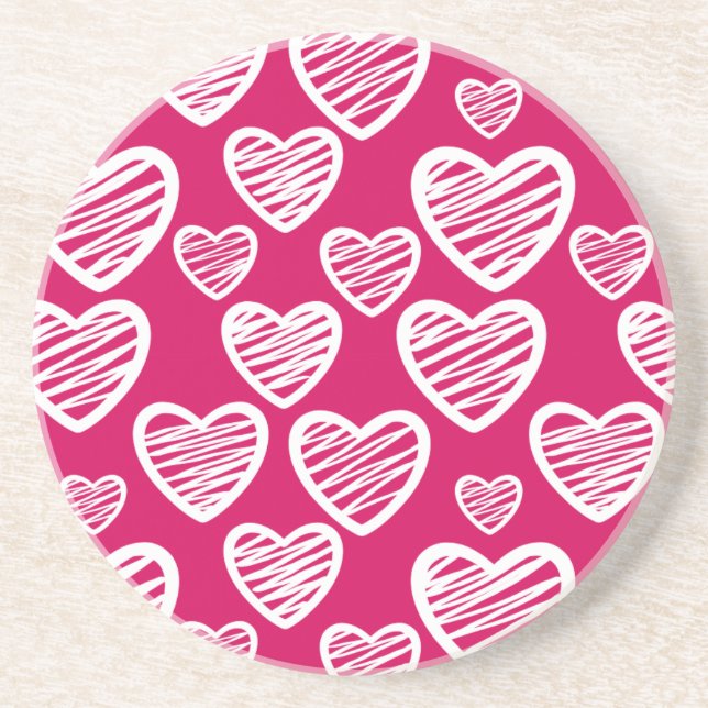 Bold Red and White Scribble Heart Pattern  Drink Coaster (Front)