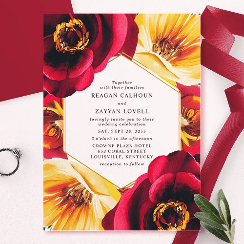 Bold Red And Yellow Floral Geometric Wedding Acrylic Invitations