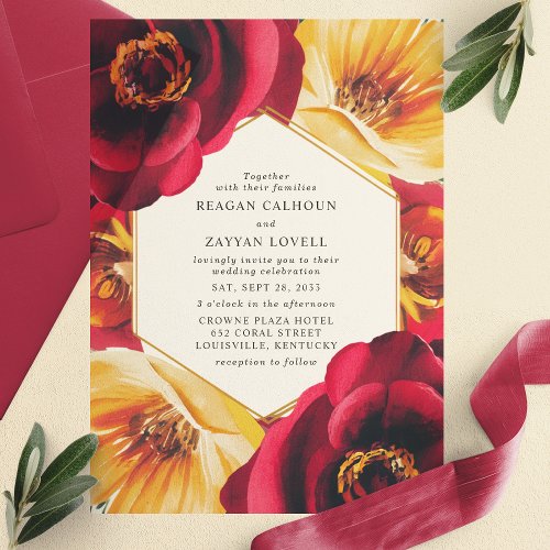 Bold Red And Yellow Floral Geometric Wedding Vellum Invitations