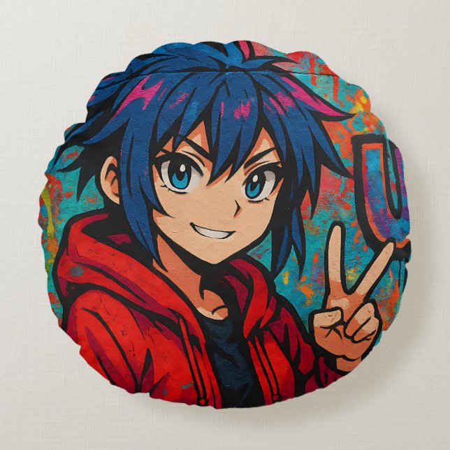 Bold Red Anime USA Graphic T-Shirt Round Pillow (Front)