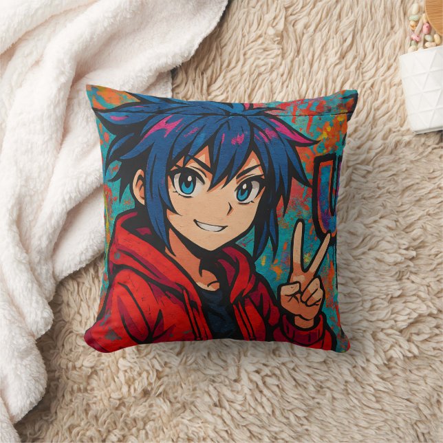 Bold Red Anime USA Graphic T-Shirt Throw Pillow (Blanket)