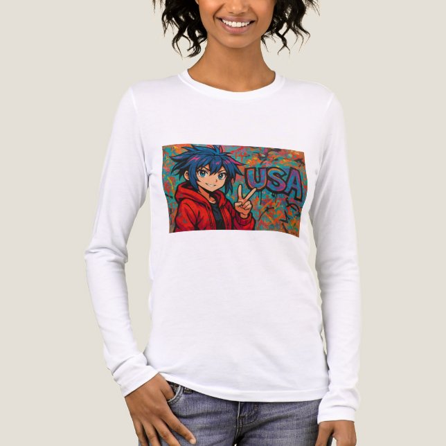 Bold Red Anime USA Graphic T-Shirt Tri-Blend Shirt (Front)