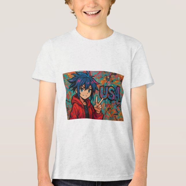 Bold Red Anime USA Graphic T-Shirt Tri-Blend Shirt (Front)
