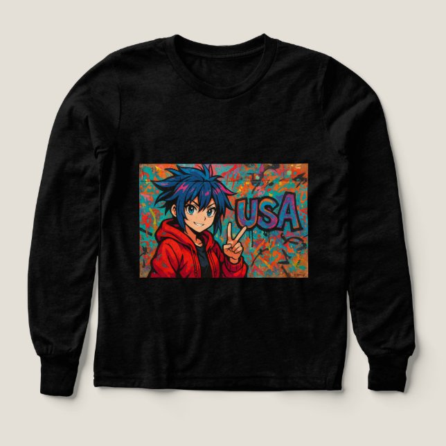 Bold Red Anime USA Graphic T-Shirt Tri-Blend Shirts (Design Front)