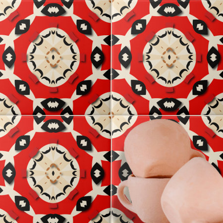 Bold Red Beige Black Symmetrical Geometric Pattern