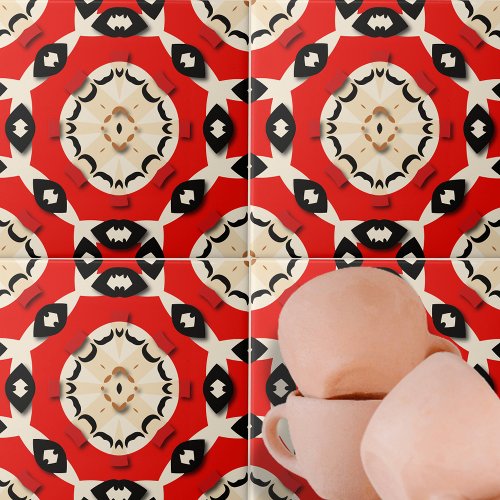 Bold Red Beige Black Symmetrical Geometric Pattern Ceramic Tile