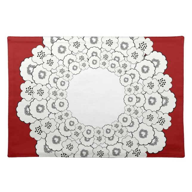 Bold Red, Black and White Floral Pattern Cloth Placemat (Front)
