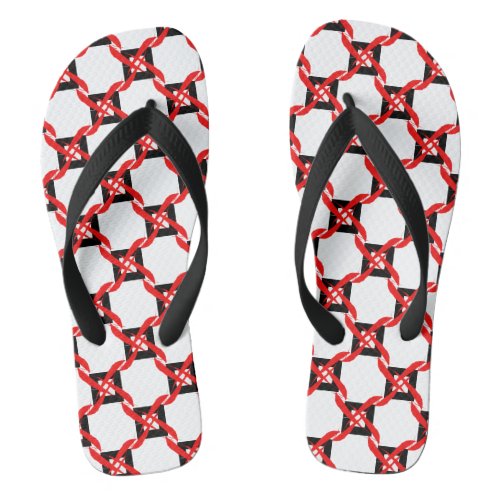 Bold red black and white graphic pinwheel  flip flops