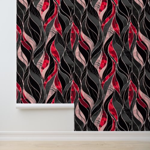 Bold Red Black Botanical Leaf Pattern Wallpaper
