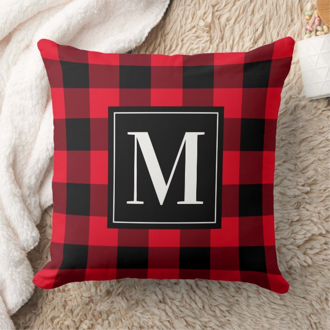 Bold Red Black Buffalo Plaid Monogram Christmas Throw Pillow (Blanket)