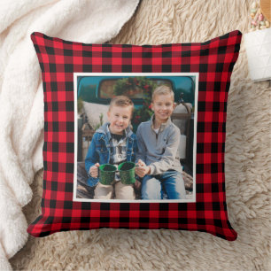 Bold Red Black Buffalo Plaid Photo Christmas Throw Pillow
