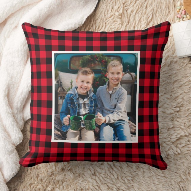 Bold Red Black Buffalo Plaid Photo Christmas Throw Pillow (Blanket)