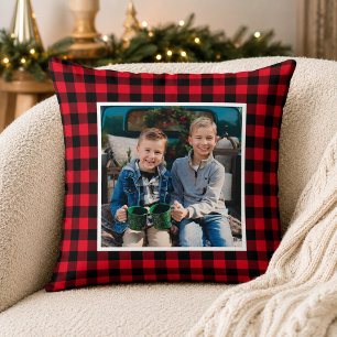 Bold Red Black Buffalo Plaid Photo Christmas Throw Pillow
