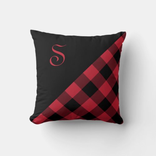 Bold Red Black Gingham Plaid Pattern Monogram Throw Pillow