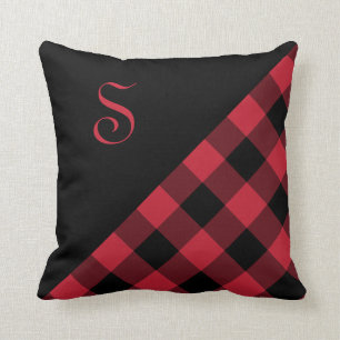 Bold Red Black Gingham Plaid Pattern Monogram Throw Pillow