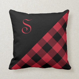 Bold Red Black Gingham Plaid Pattern Monogram Throw Pillow