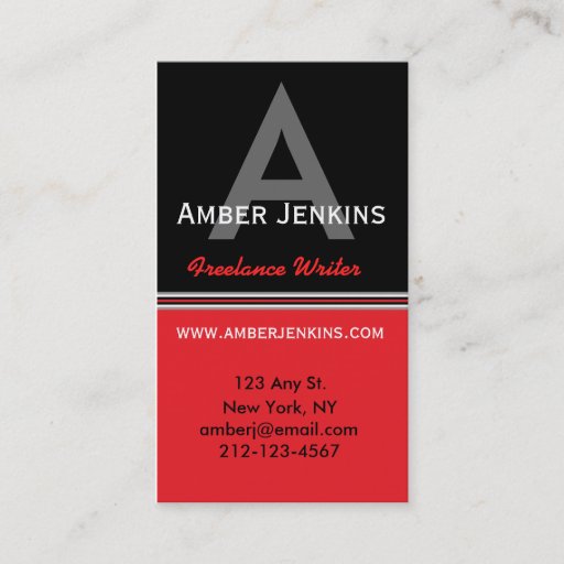 Customizable Bold Red &amp; Black Monogram Vertical Business Card