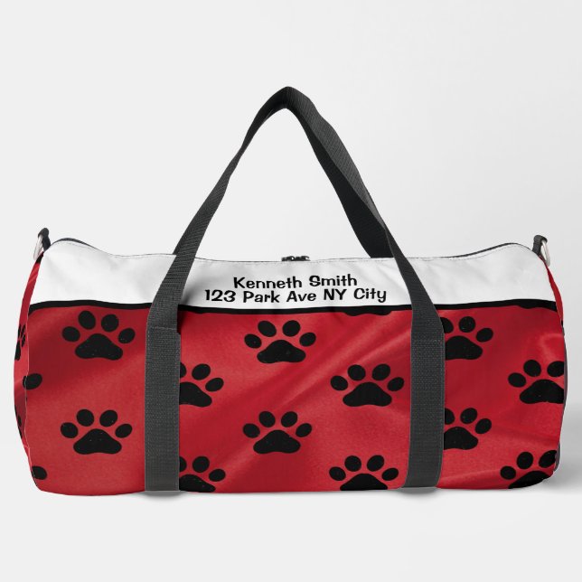 Bold Red Black Paw Print monogram personalize Duffle Bag (Front)