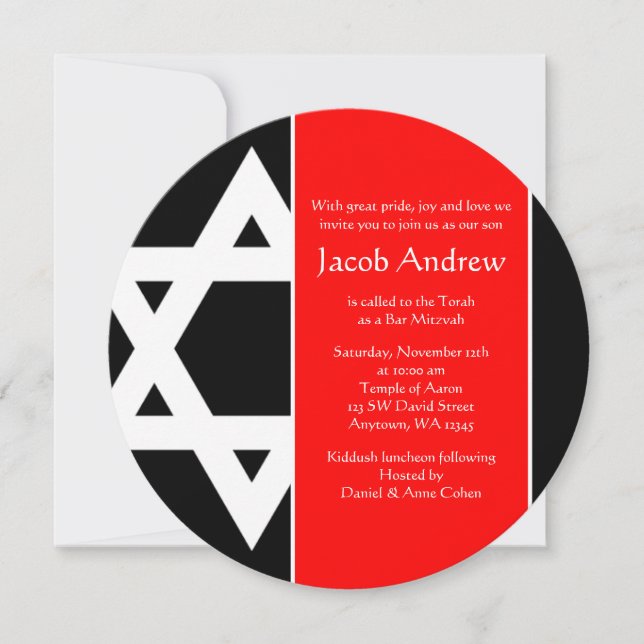 Bold Red Black Star of David Round Bar Mitzvah Invitation (Front)