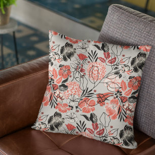 Bold Red Black Taupe Floral Pattern Throw Pillow