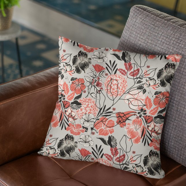Bold Red Black Taupe Floral Pattern Throw Pillow (Elegant Modern Bold Red Black Floral Pillow. Hibiscus, Hydrangea & Magnolia Tropical Flowers. Taupe.)