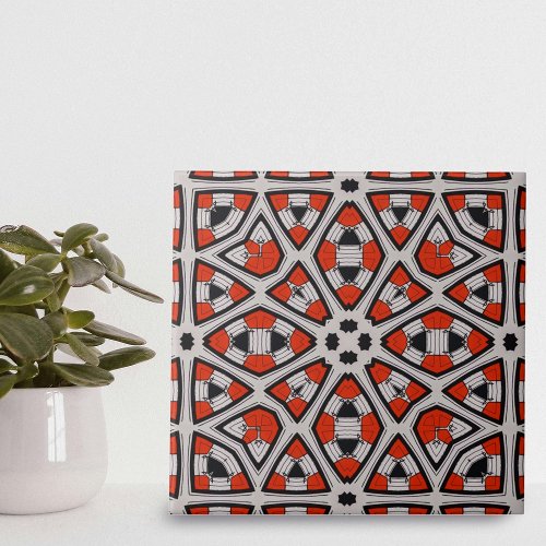 Bold Red Black White Symmetrical Geometric Pattern Ceramic Tile