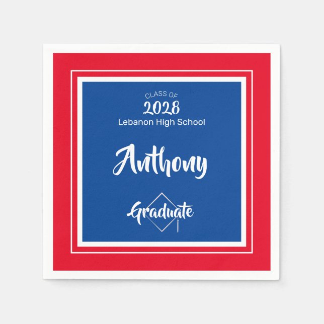 Bold Red Blue School Colors Script Graduation Napkins (Front)
