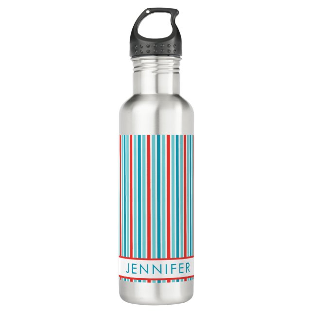 Bold Red Blue Vertical Stripes Personalized Stainless Steel Water Bottle (Front)