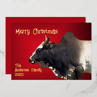 Bold Red Brahma Bull Custom Christmas Foil Holiday Card