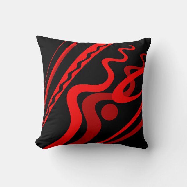 Bold Red, Brick, Rust Black Modern Wavy Design Throw Pillow (Front)