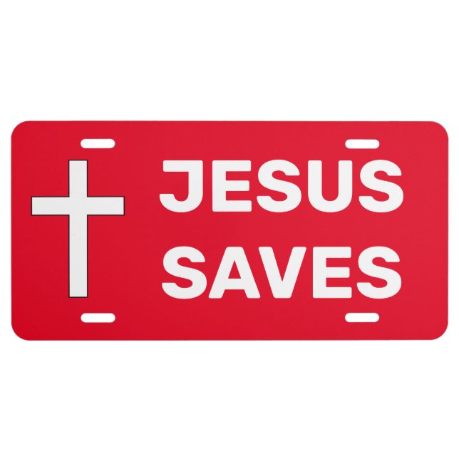 Bold Red Christian Cross Jesus Saves License Plate (Front)