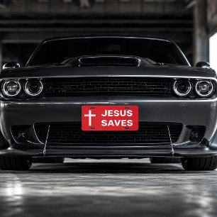 Bold Red Christian Cross Jesus Saves License Plate