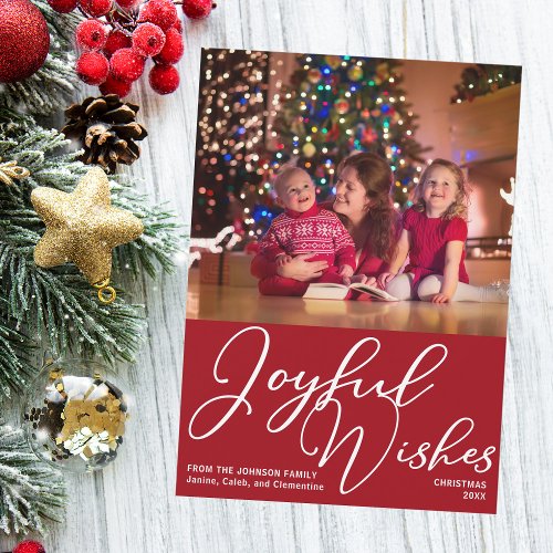 Bold Red Christmas Joyful Wishes Cute Family Photo Holiday Card