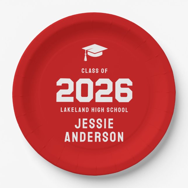 Bold Red Class of 2026 Graduation Design Paper Plates (Front)