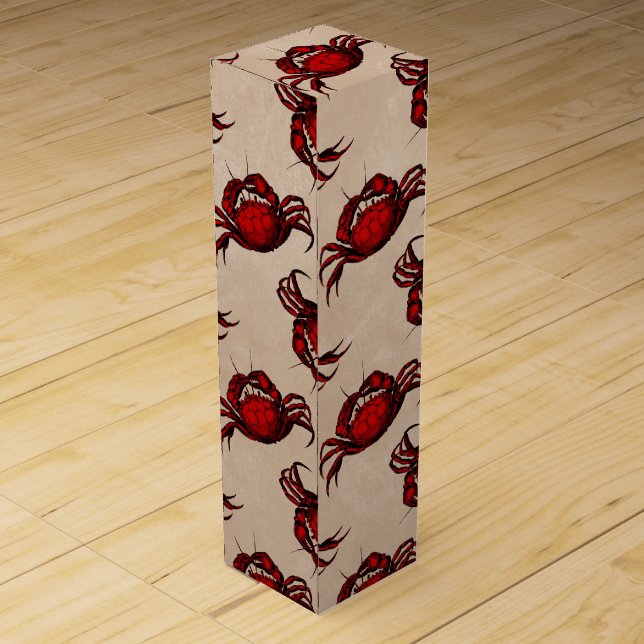 Bold Red Crab Pattern on Beige Wine Box (Back)
