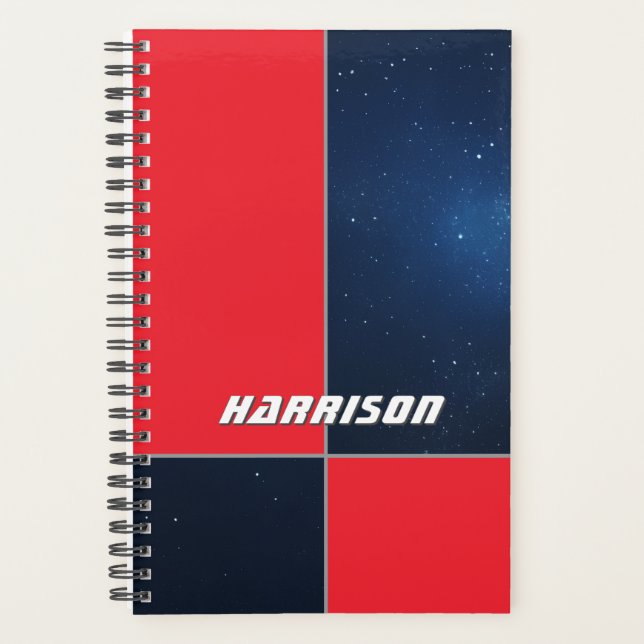 Bold Red Dark Blue Space Personalized Planner (Front)