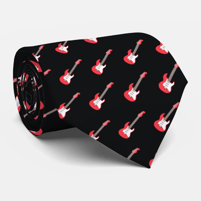 Bold Red Electric Guitar Black Rock Music Pattern Neck Tie (Rolled)