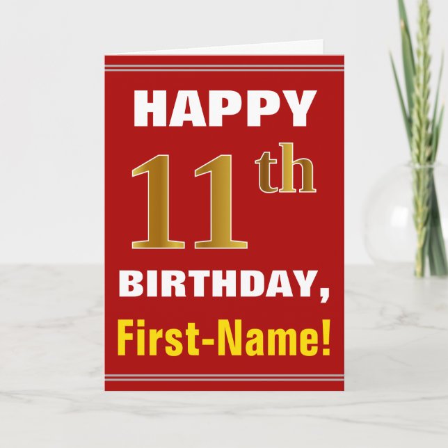 Bold, Red, Faux Gold 11th Birthday w/ Name Card (Front)