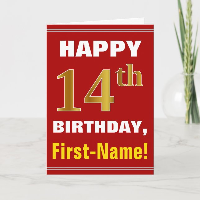 Bold, Red, Faux Gold 14th Birthday w/ Name Card (Front)