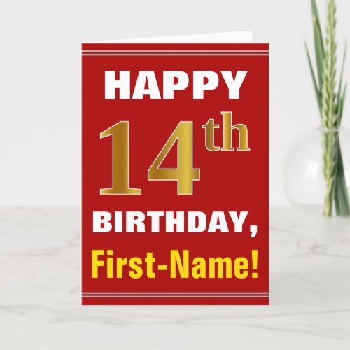 Bold Red Faux Gold 14th Birthday w Name Card