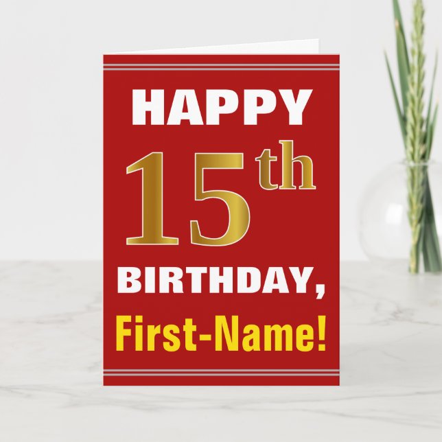 Bold, Red, Faux Gold 15th Birthday w/ Name Card (Front)