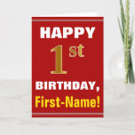 [ Thumbnail: Bold, Red, Faux Gold 1st Birthday W/ Name Card ]