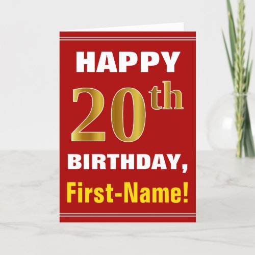Bold, Red, Faux Gold 20th Birthday w/ Name Card
