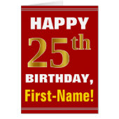 Bold, Red, Faux Gold 25th Birthday w/ Name Card (Front)